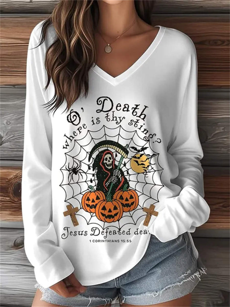 Women's Halloween White Grim Reaper Spider Web Print V Neck Long Sleeve Top 
