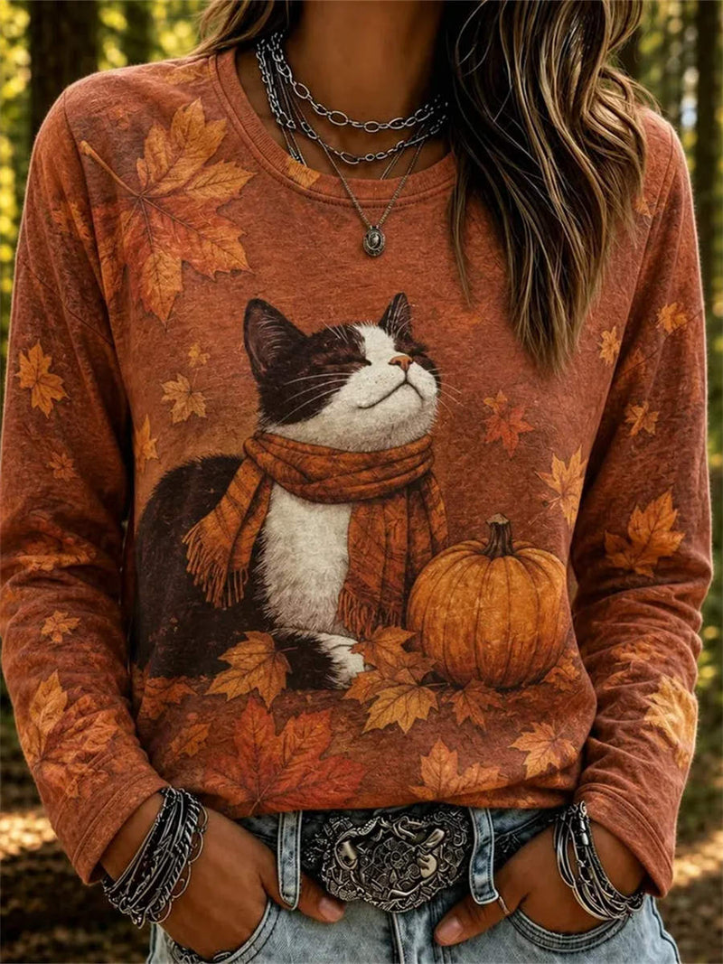 Women's Orange Cat Pumpkin Maple Leaf Print Round Neck Long Sleeve Top