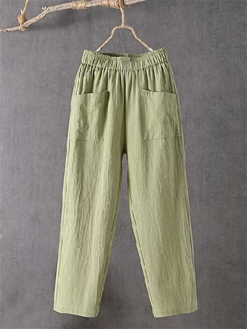 Women's Sage Solid Elastic Waist Pocket Linen Long Pants