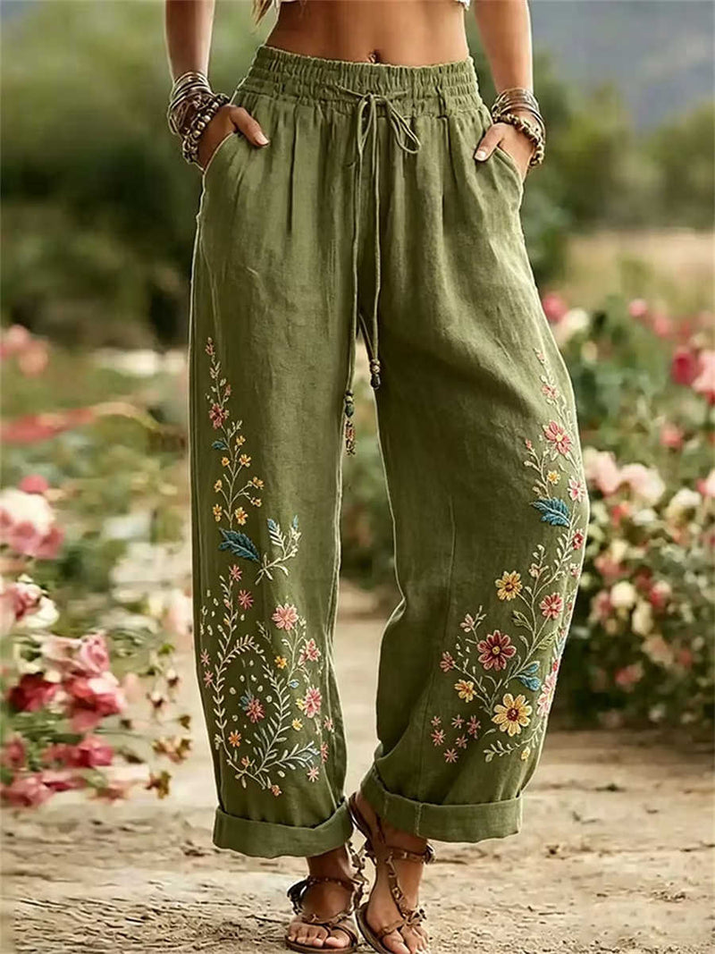 Women's Olive Floral Embroidered Drawstring Elastic Waist Linen Long Pants