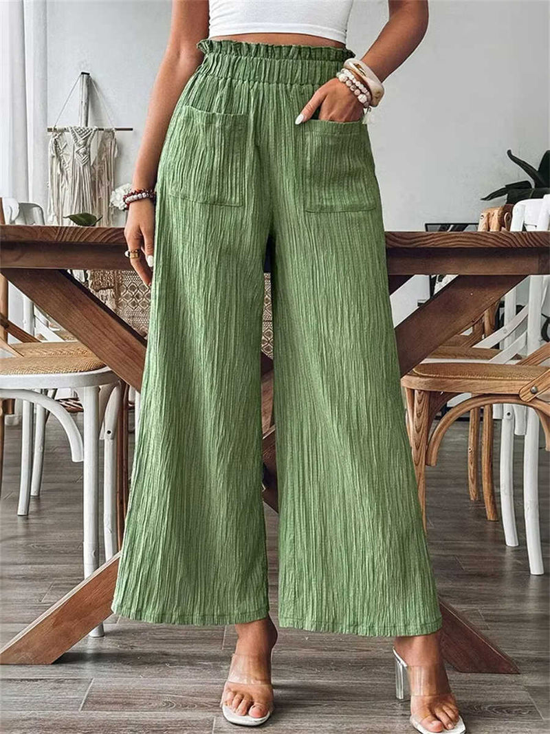 Women's Green Textured Crinkle Elastic Waist Wide Leg Long Pants