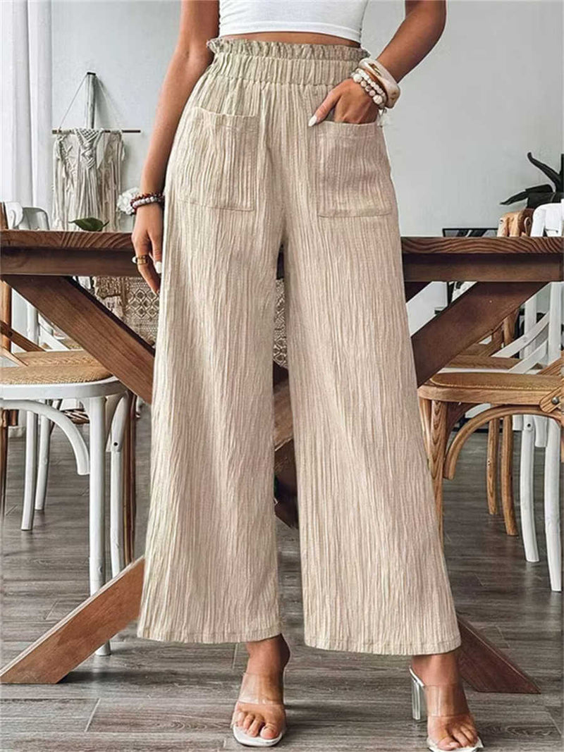 Women's Light Khaki Textured Crinkle Elastic Waist Wide Leg Long Pants