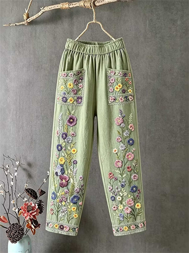 Women's Green Multi Floral Embroidered Elastic Waist Pants