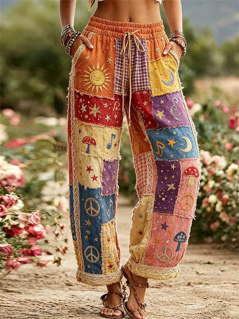 Women's Multi Patchwork Peace Sun Moon Embroidered Drawstring Elastic Waist Lace Trim Long Pants