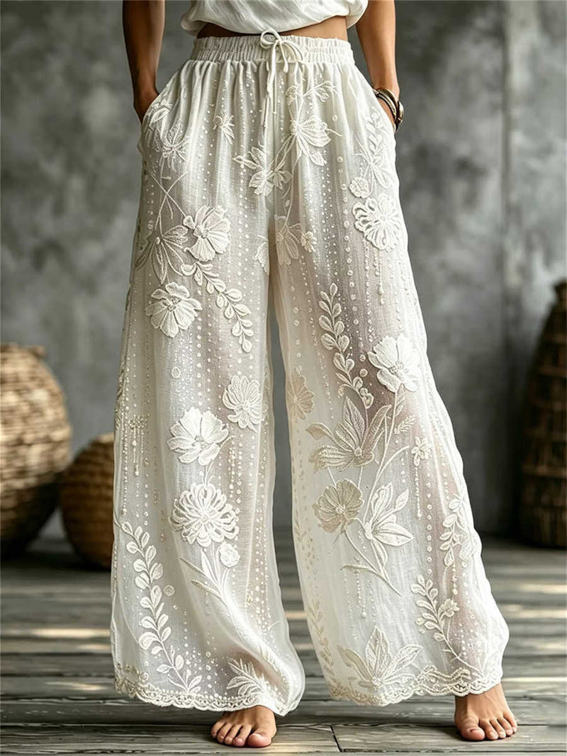 Women's White Floral Embroidered Drawstring High Waist Long Wide Leg Pants