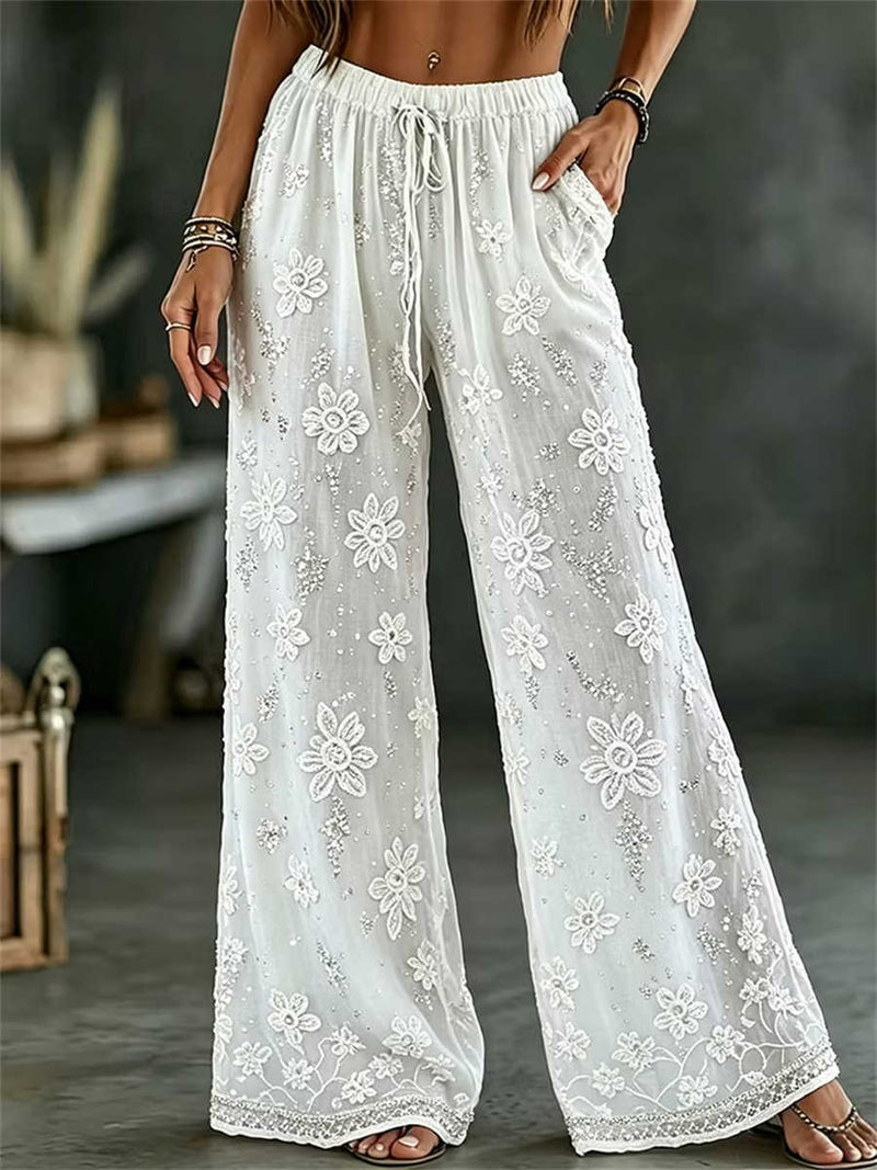 Women's White Floral Embroidered Drawstring High Waist Long Wide Leg Pants