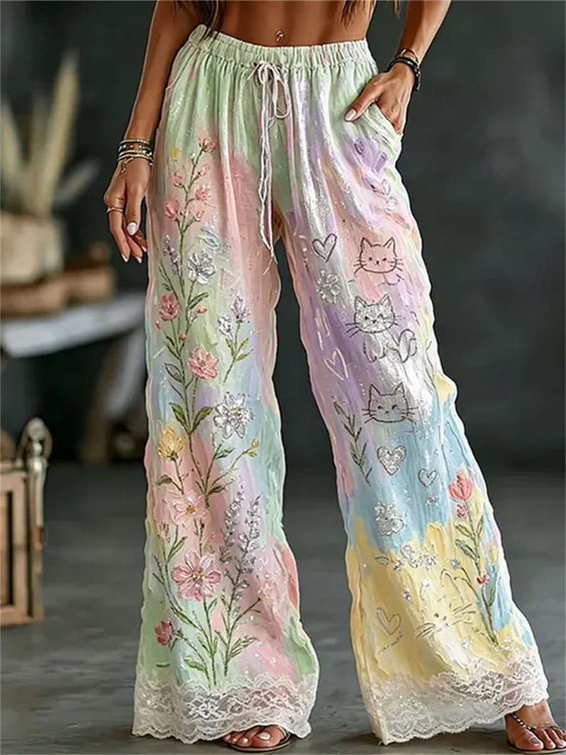 Women's Multi Tie Dye Cat Floral Print Lace Hem Elastic Waist Wide Leg Pants