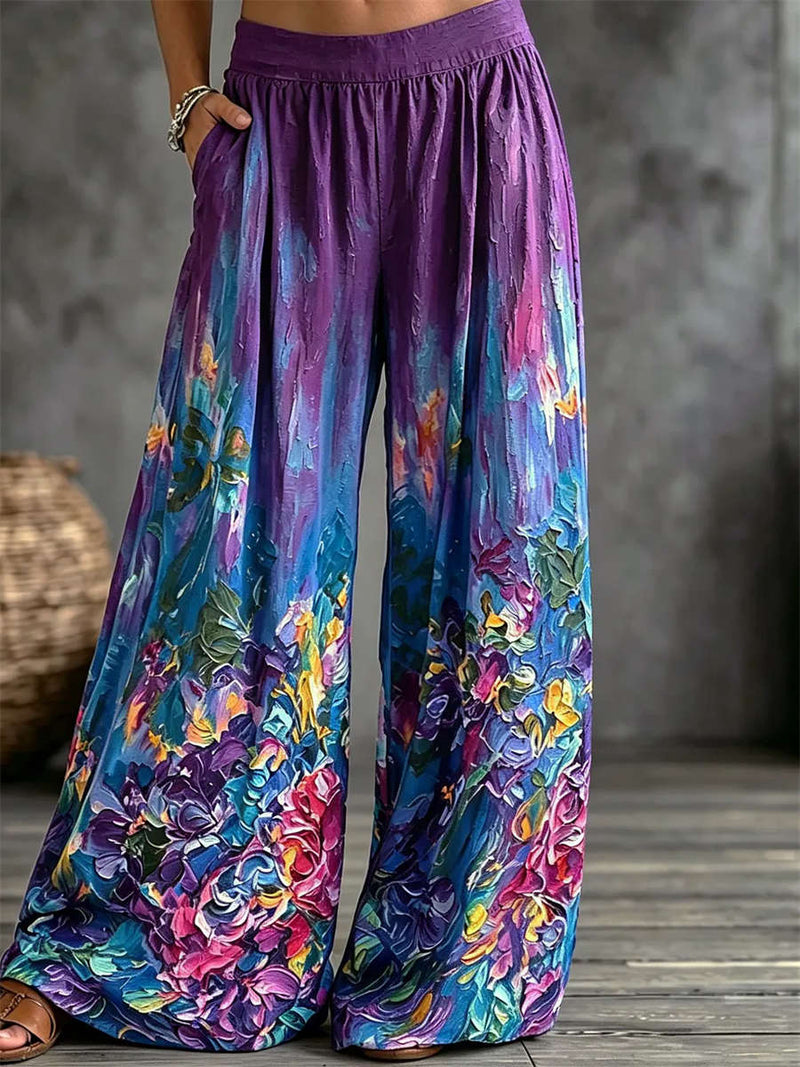 Women's Purple Oil Painting Floral Print Elastic Waist Wide Leg Pants