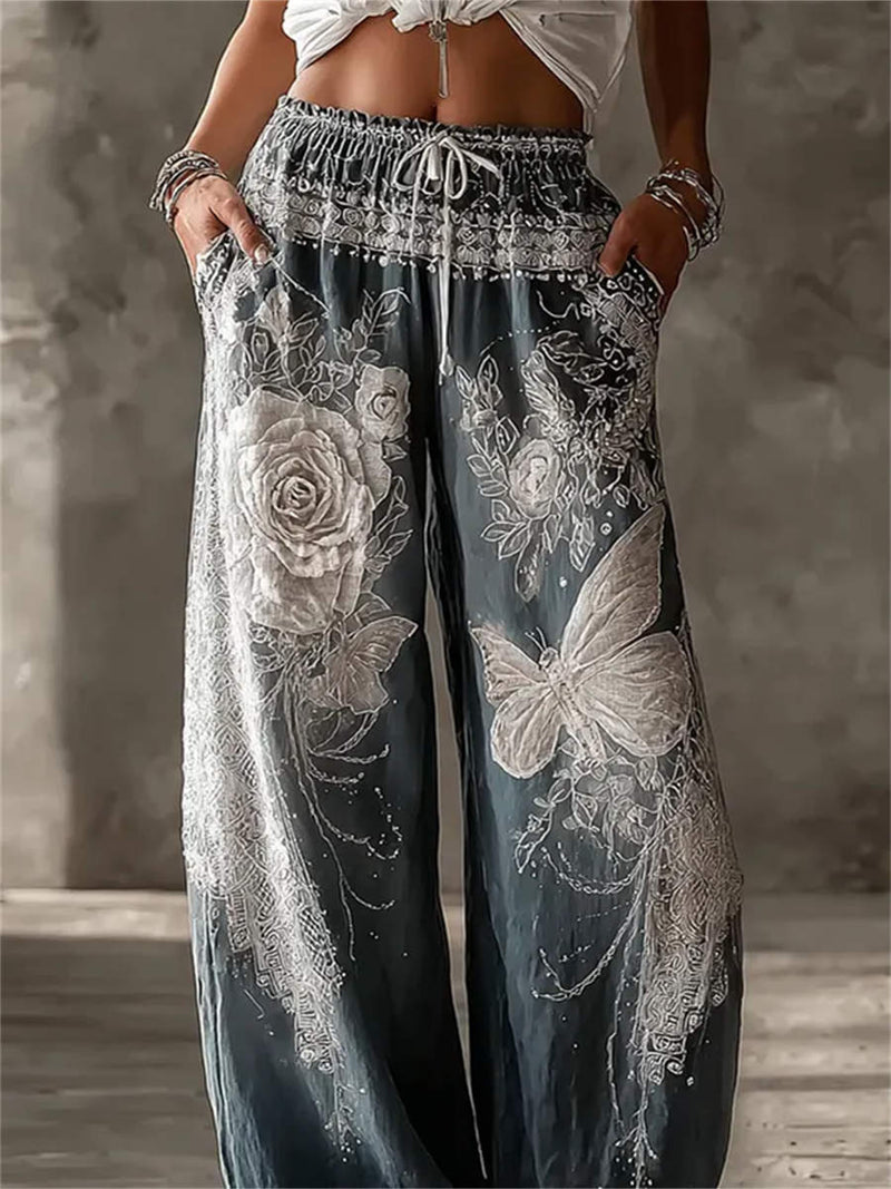 Women's Dark Grey Rose Butterfly Print Drawstring Wide Leg Pants