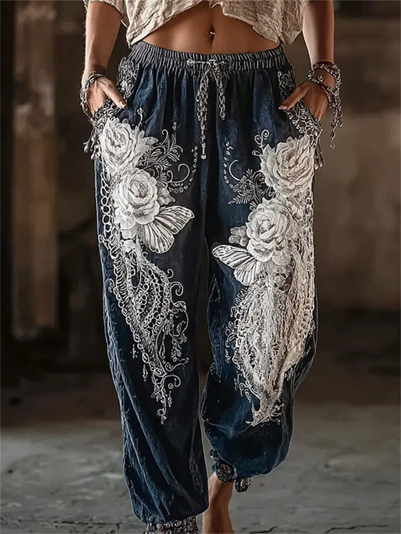 Women's Dark Blue Rose Butterfly Print Elastic Waist Long Pants