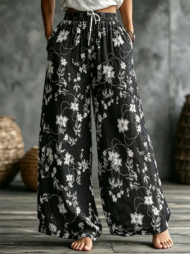 Women's Black Floral Print Drawstring Wide Leg Pants