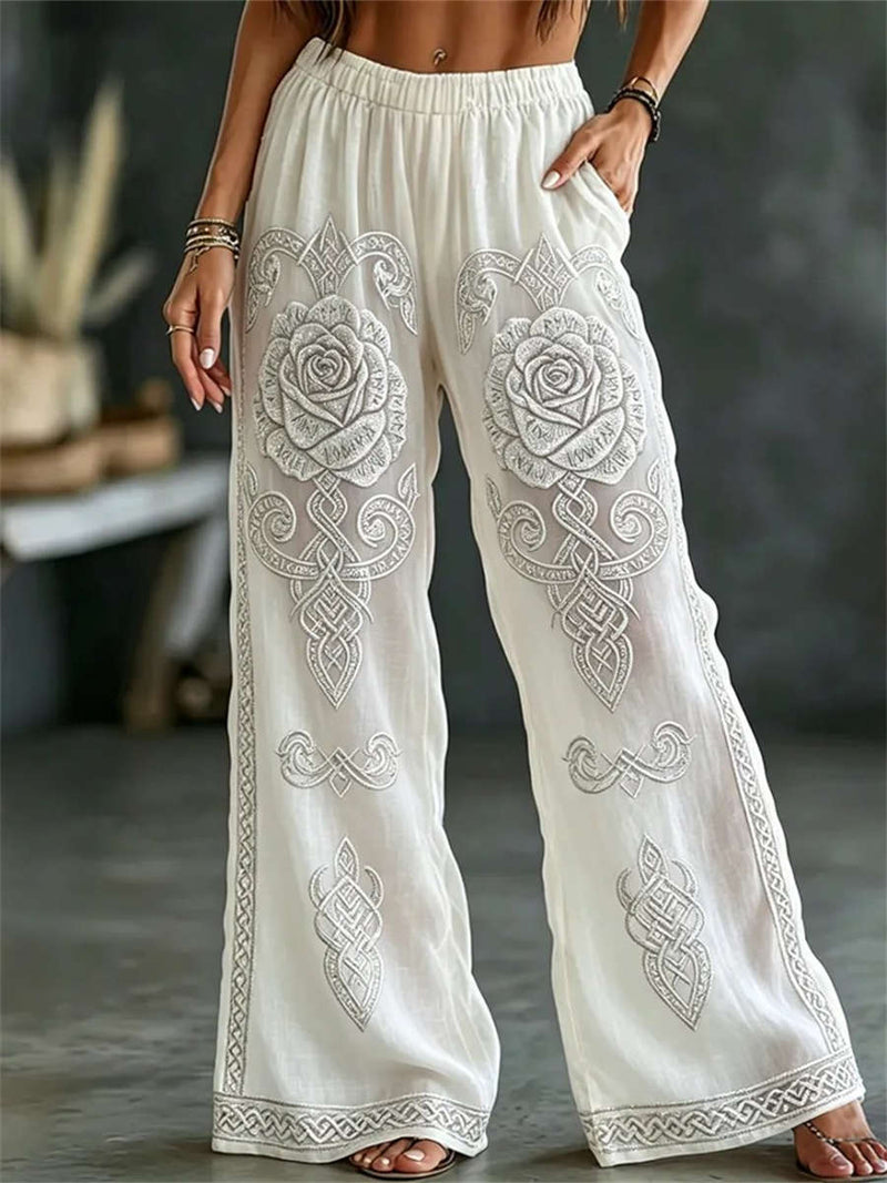 Women's White Rose Floral Embroidery Elastic Waist Wide Leg Long Pants