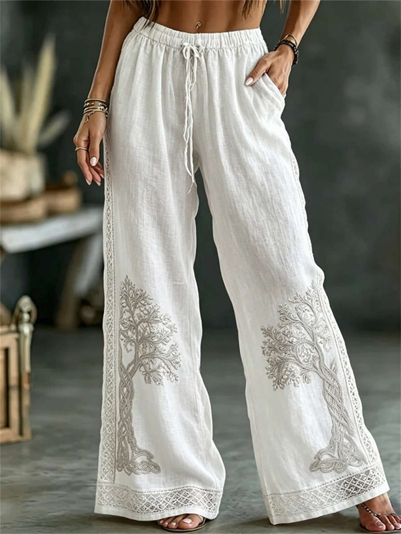 Women's White Tree Embroidery Drawstring Elastic Waist Wide Leg Long Pants