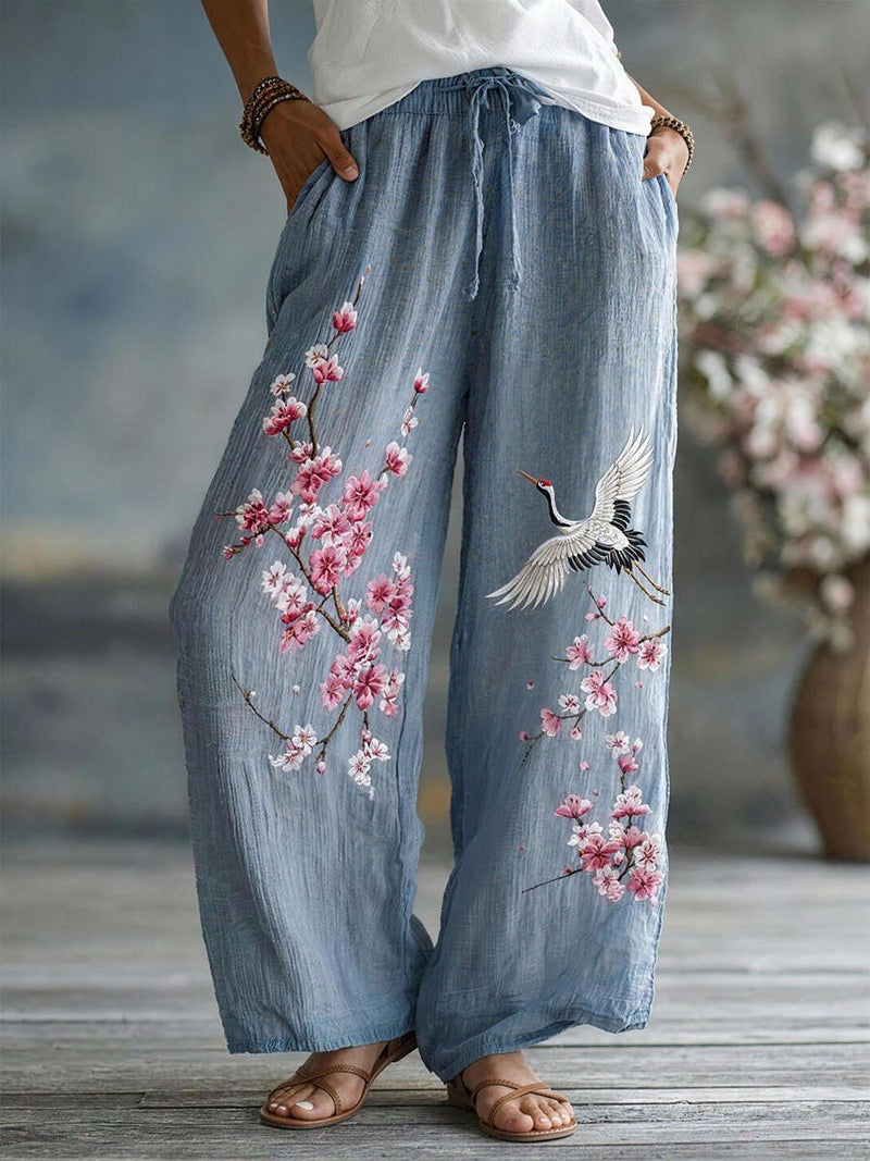 Women's Blue Crane Floral Print Drawstring Elastic Waist Wide Leg Long Pants