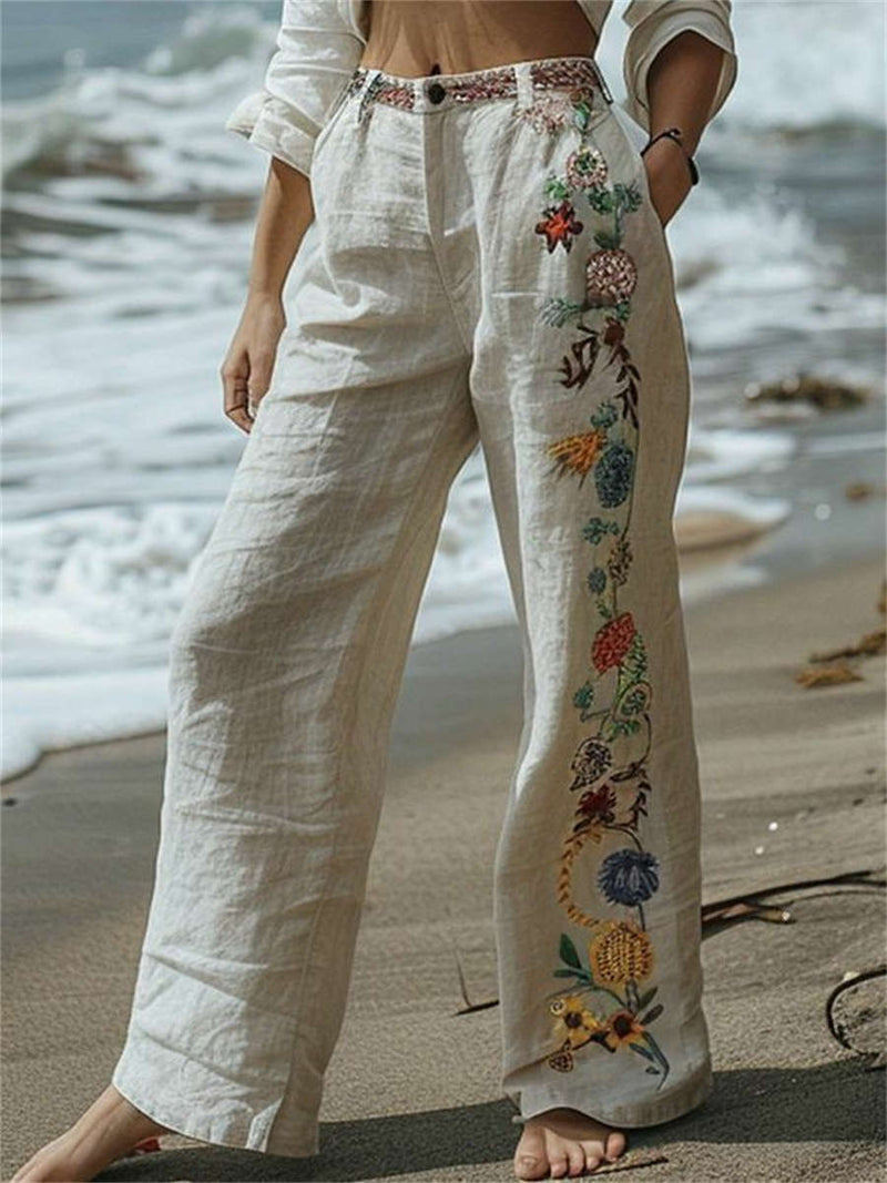 Women's Ivory Colorful Floral Embroidery Button Waist Long Linen Pants