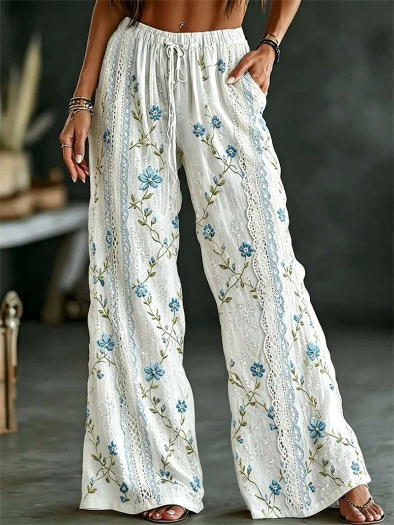 Women's White Blue Floral Print Lace Drawstring Wide Leg Pants