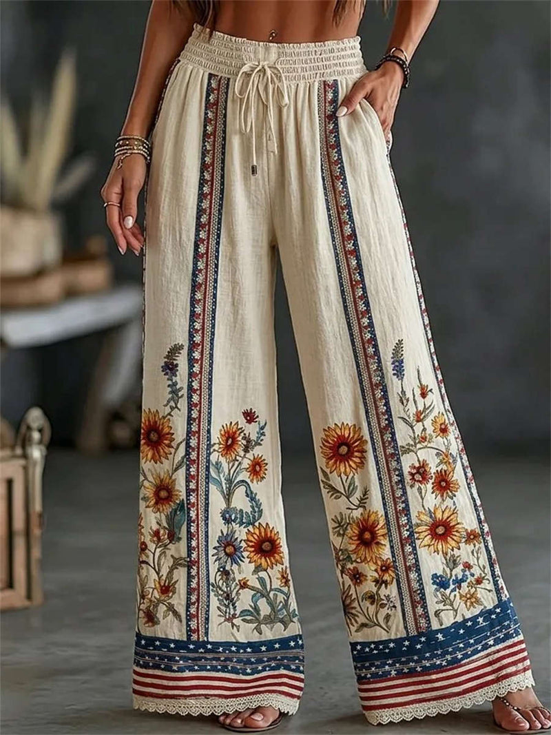 Women's Beige Sunflower Floral Print Drawstring Wide Leg Pants