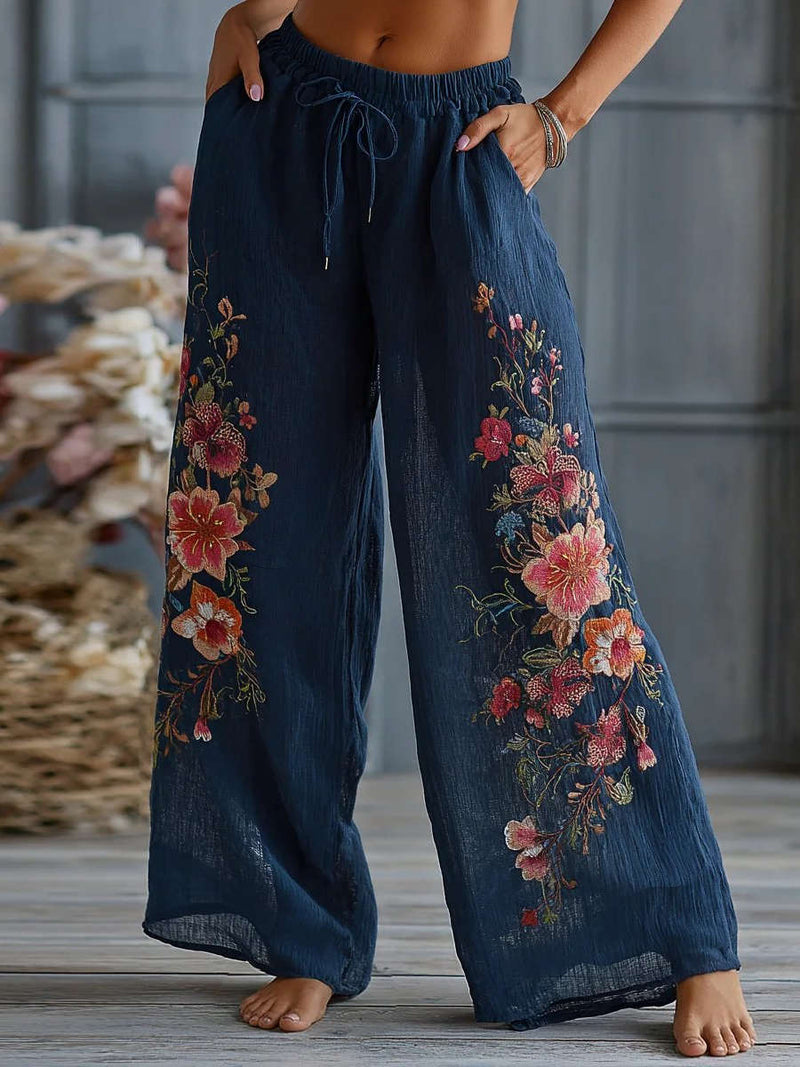 Women's Navy Floral Print Drawstring Wide Leg Pants