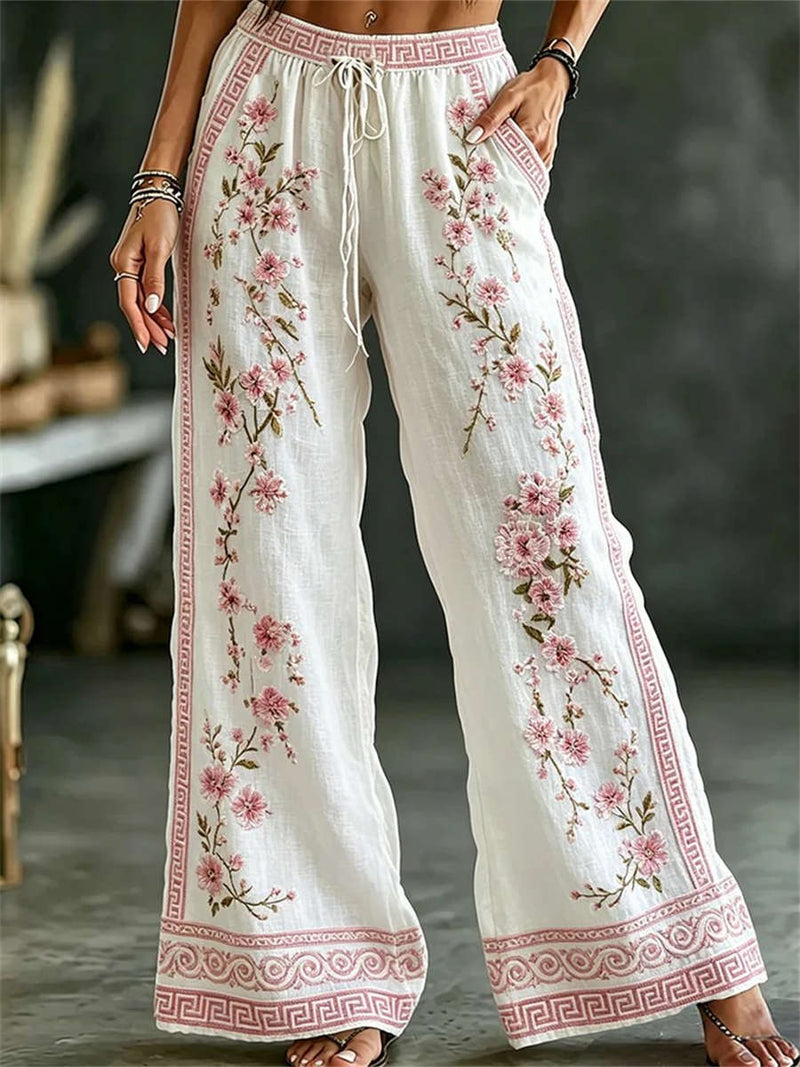 Women's White Pink Floral Geometric Print Drawstring Wide Leg Pants