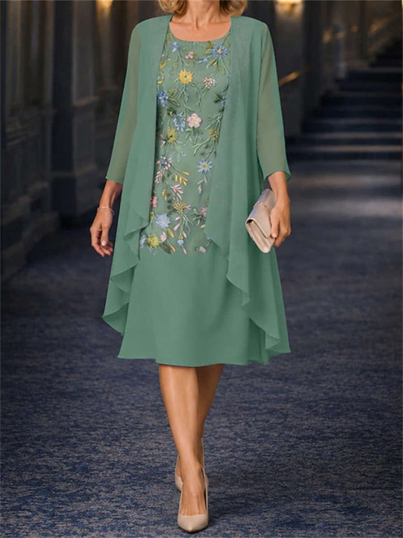 Women's Dusty Sage Floral Print Round Neck 3/4 Sleeve Two Piece Midi Dress