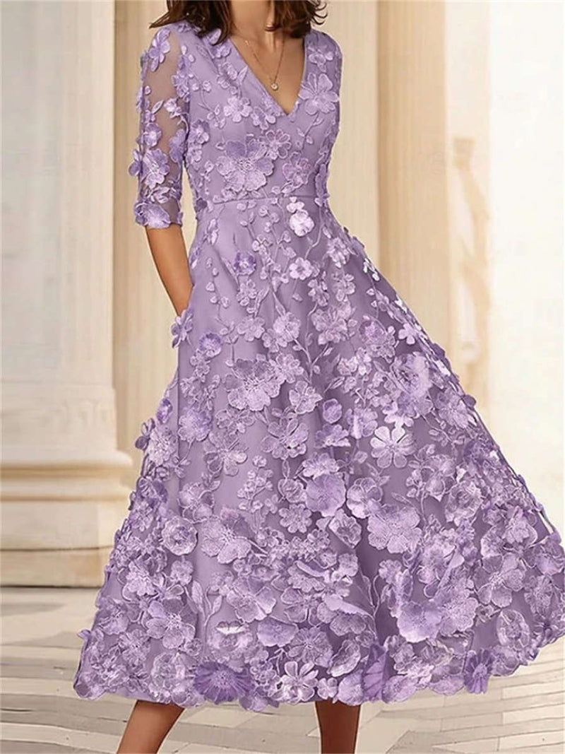Women's Purple Floral Lace Print V Neck 3/4 Sleeve Midi Dress