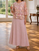 Women's Pink Floral Lace Print Round Neck 3/4 Sleeve Maxi Dress