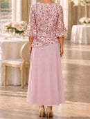 Women's Pink Floral Lace Print Round Neck 3/4 Sleeve Maxi Dress