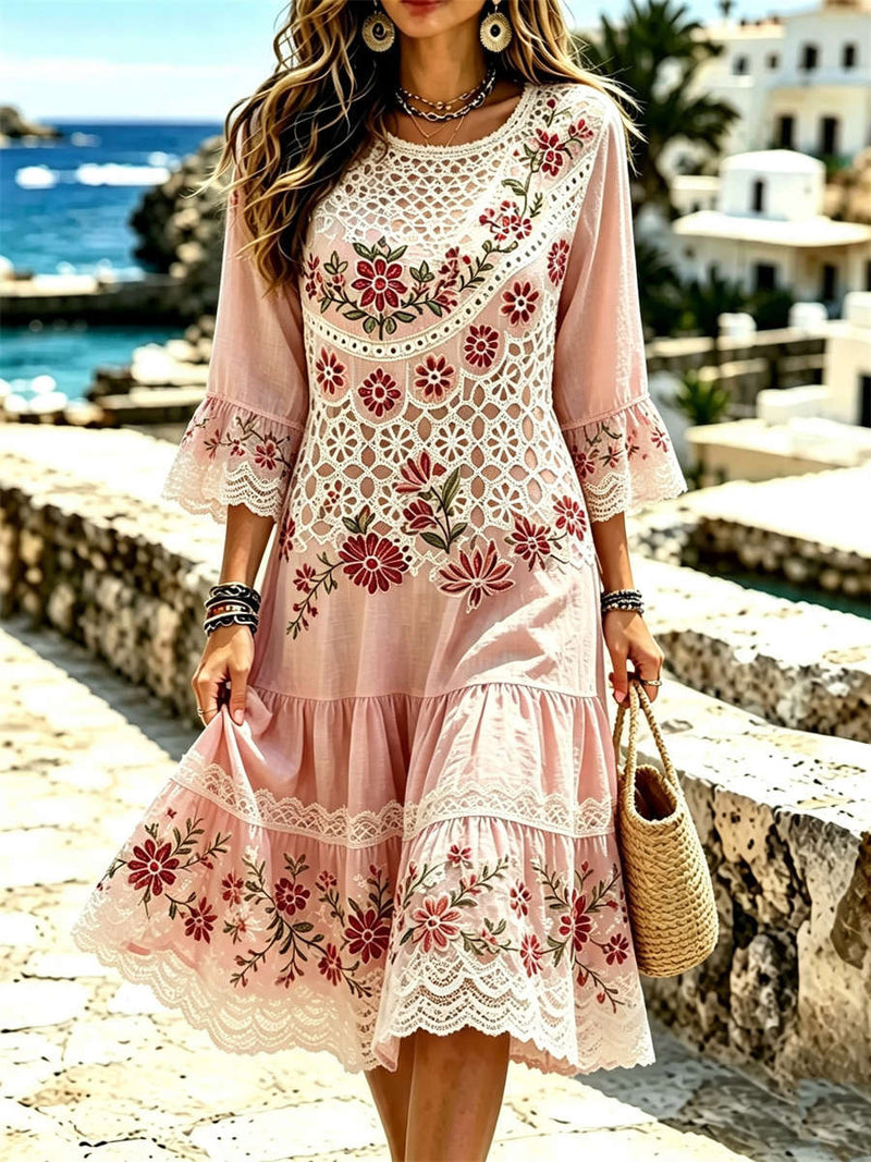 Women's Pink Floral Print Round Neck Ruffle 3/4 Sleeve Midi Dress