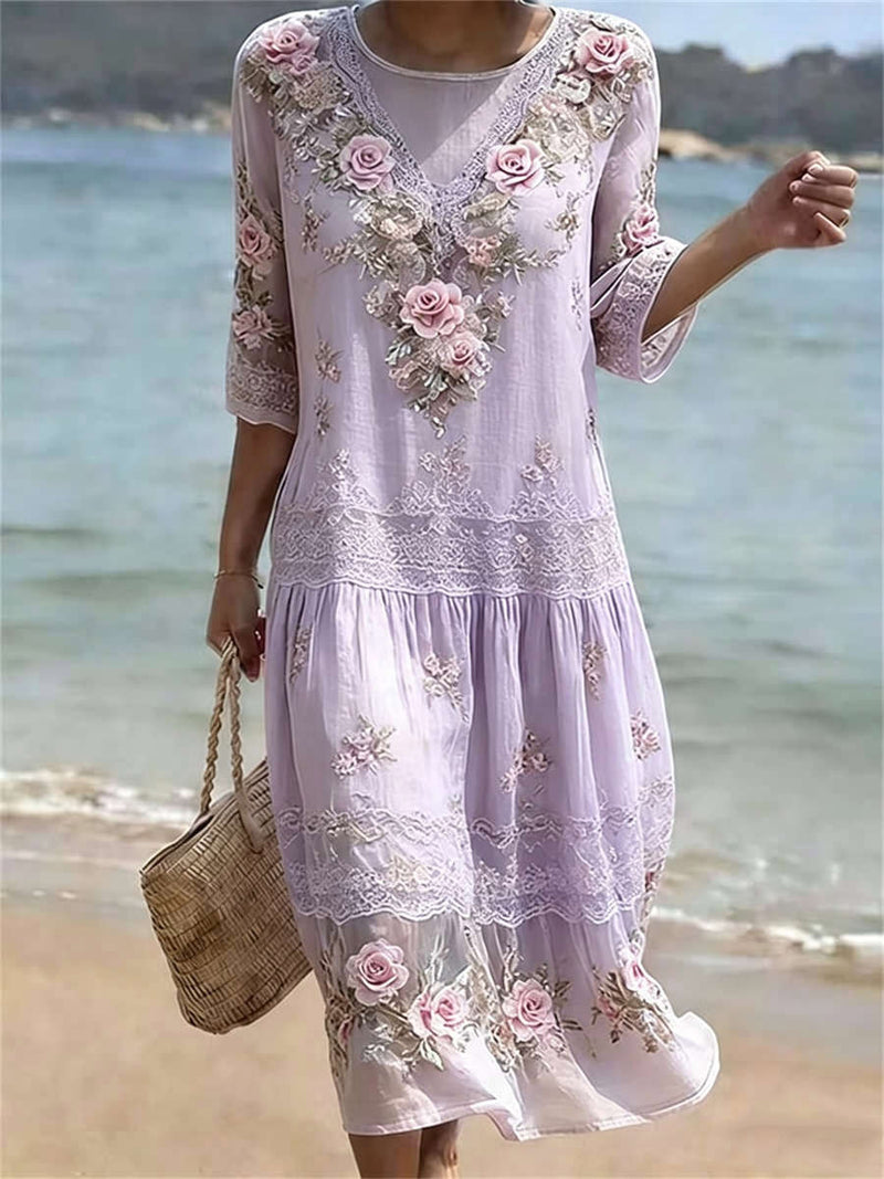 Women's Light Purple Floral Lace Print Round Neck 3/4 Sleeve Midi Dress