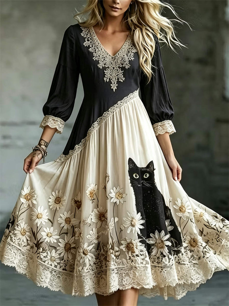 Women's Black Beige Cat Daisy Floral Lace Print V Neck 3/4 Sleeve Midi Dress
