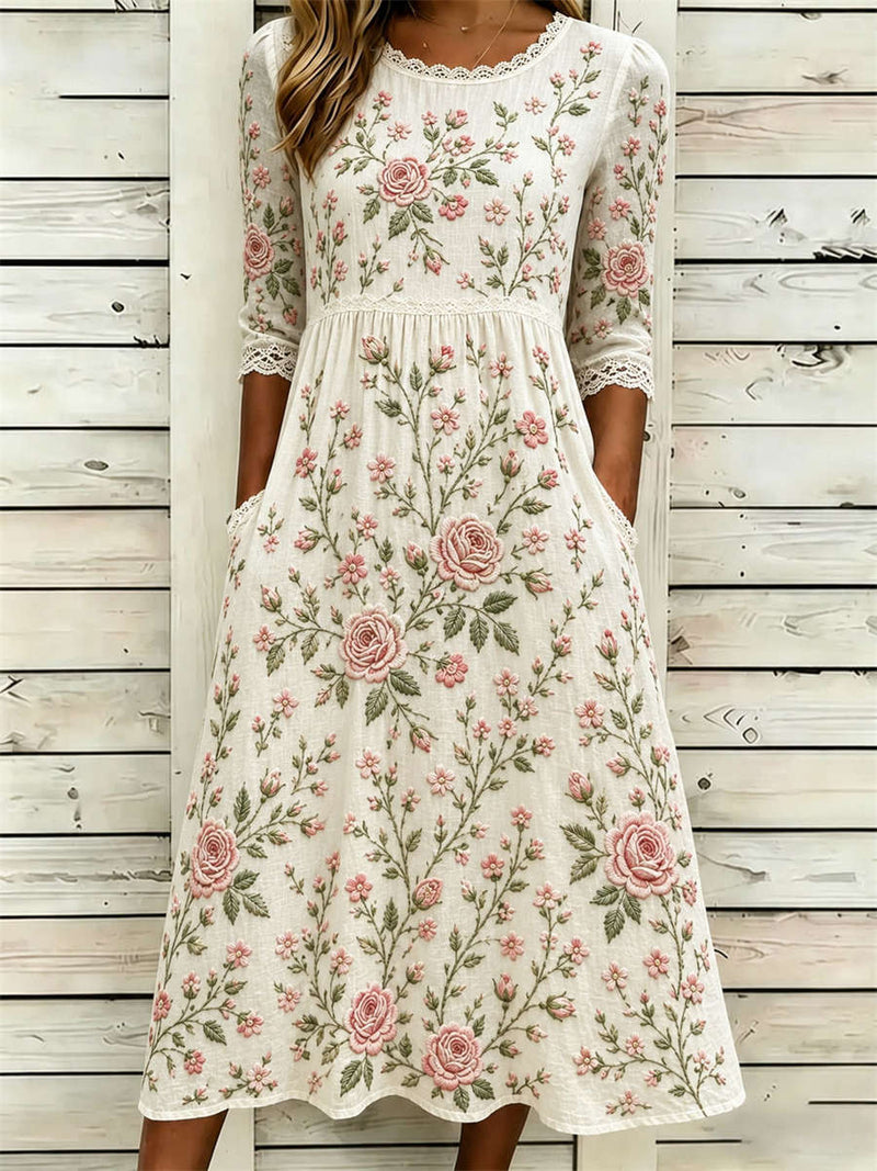 Women's Beige Rose Floral Print Lace Trim Round Neck 3/4 Sleeve Midi Dress
