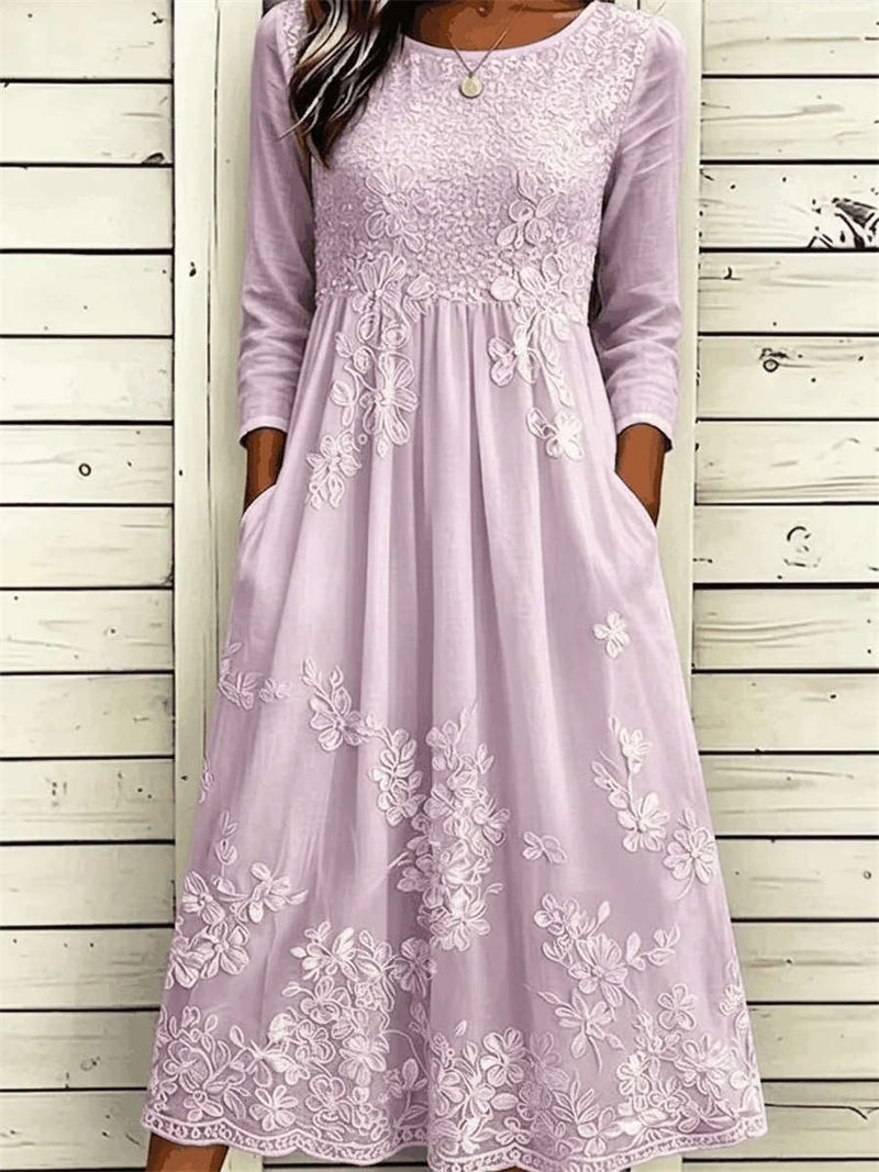 Women's Light Purple Floral Lace Print Round Neck 3/4 Sleeve Midi Dress