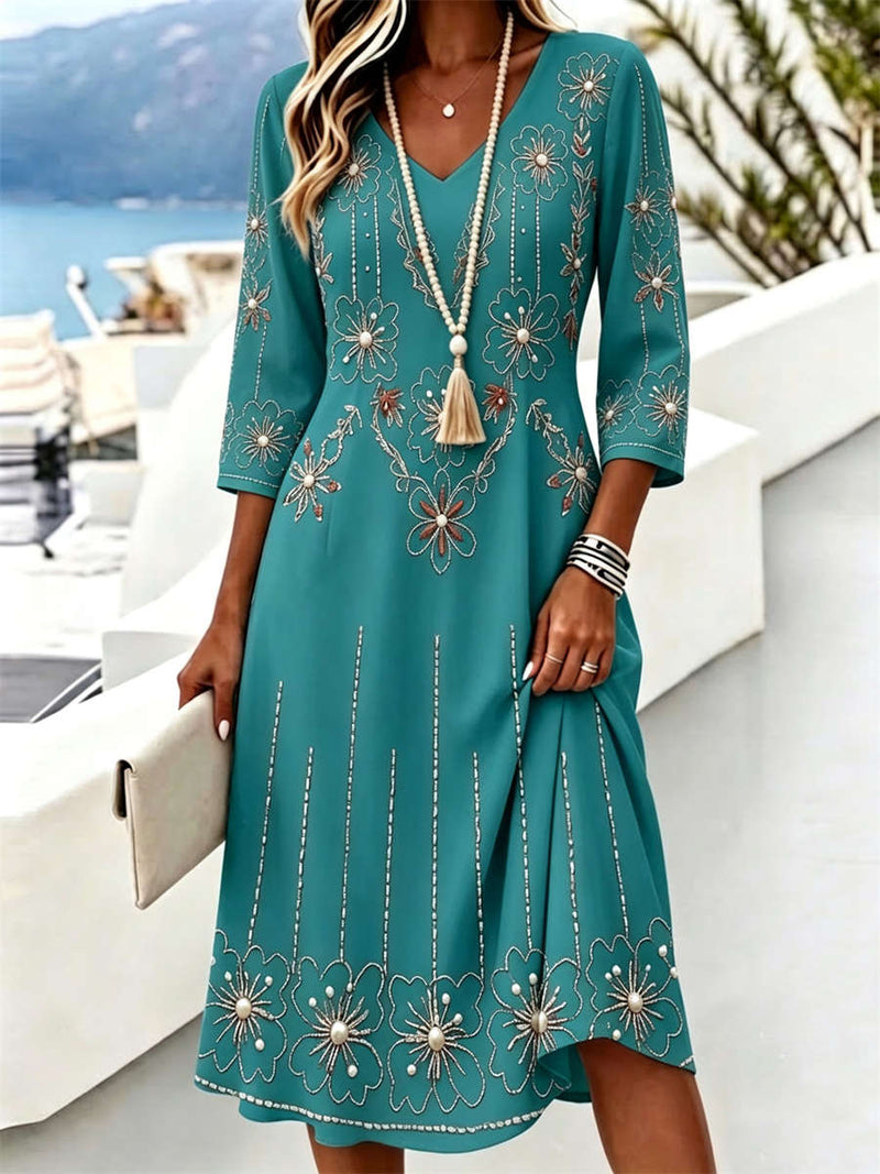 Women's Teal Floral Geometric Print V Neck 3/4 Sleeve Midi Dress