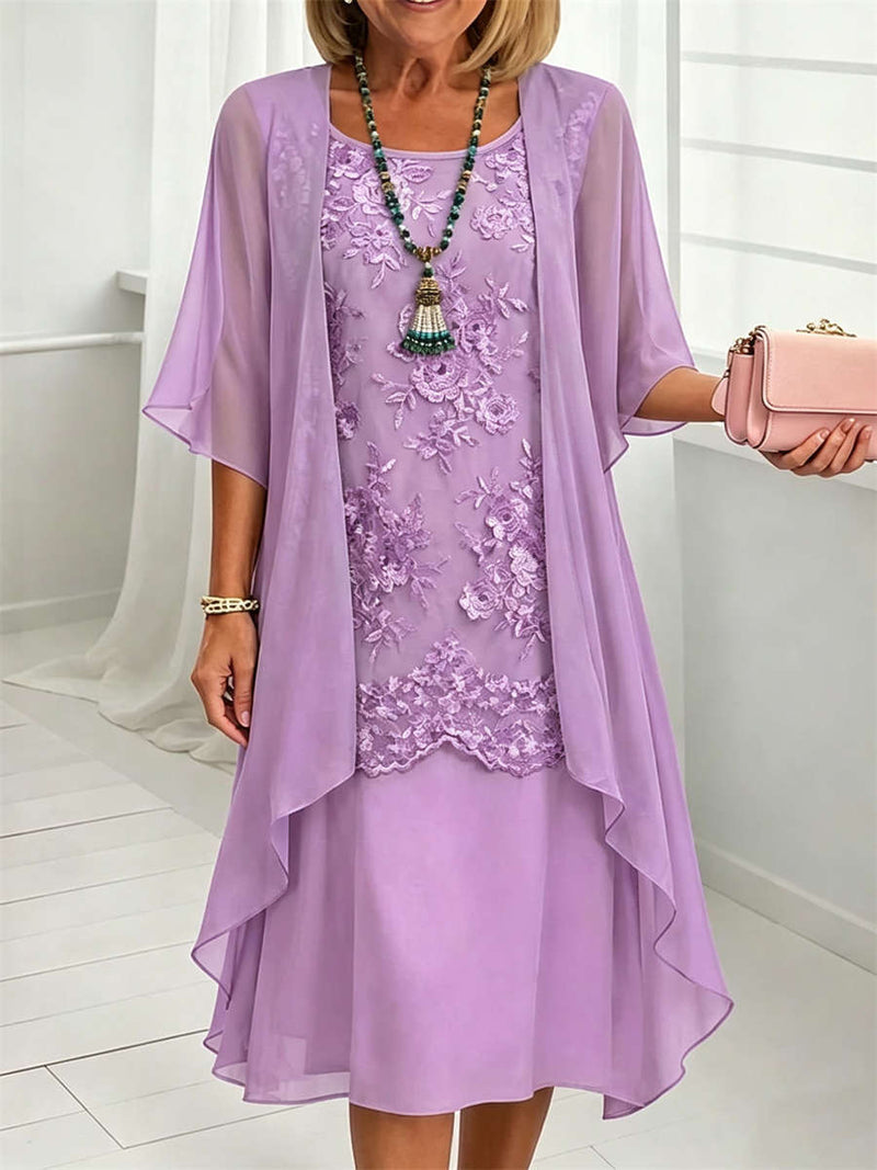 Women's Purple Floral Print Round Neck 3/4 Sleeve Two Piece Midi Dress
