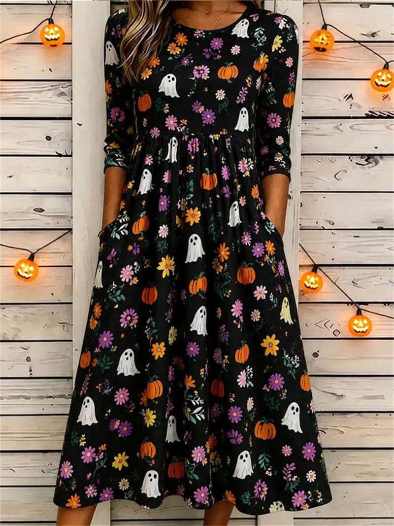 Women's Halloween Black Ghost Pumpkin Floral Print Round Neck 3/4 Sleeve Midi Dress
