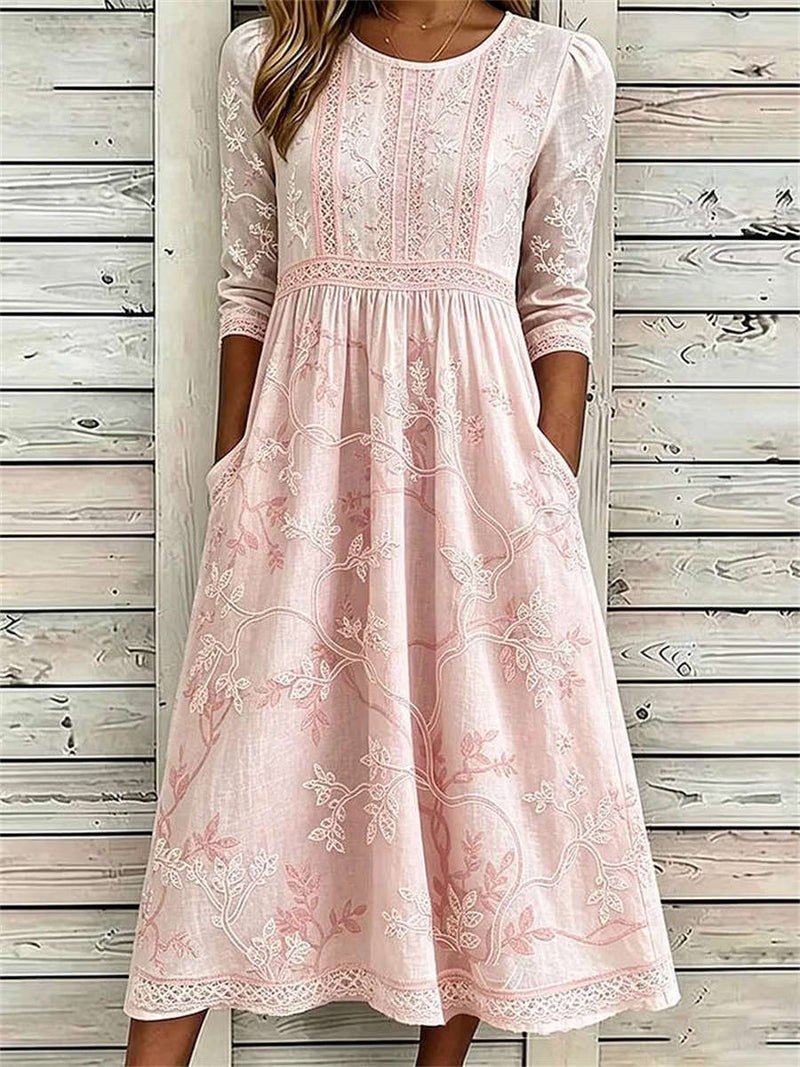 Women's Light Pink Floral Print Round Neck 3/4 Sleeve Midi Dress