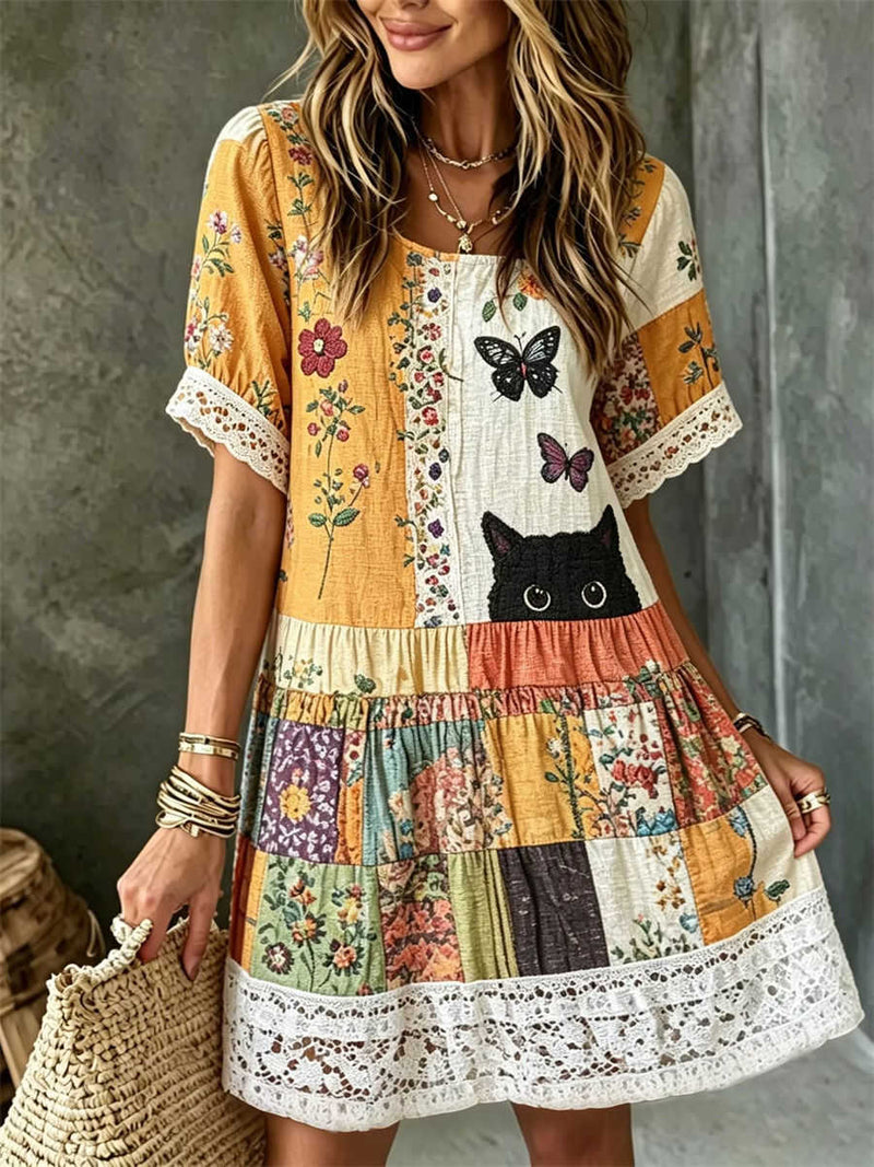 Women's Multi Floral Patchwork Embroidered Cat Lace Trim Round Neck Short Sleeve Mini Dress