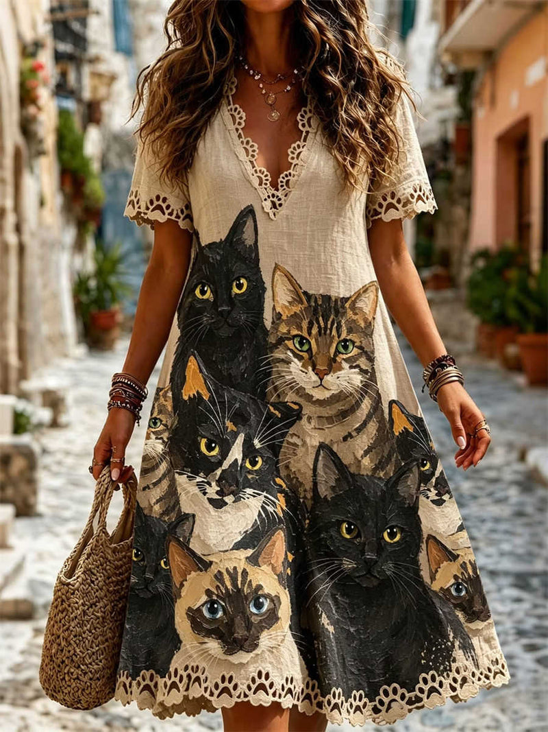 Women's Khaki Cat Print Lace Trim V Neck Short Sleeve Mini Dress