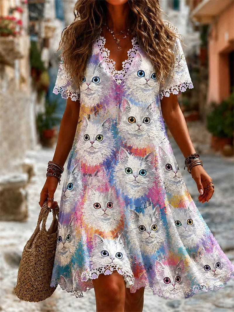 Women's Rainbow Gradient Cat Print Lace Trim V Neck Short Sleeve Mini Dress