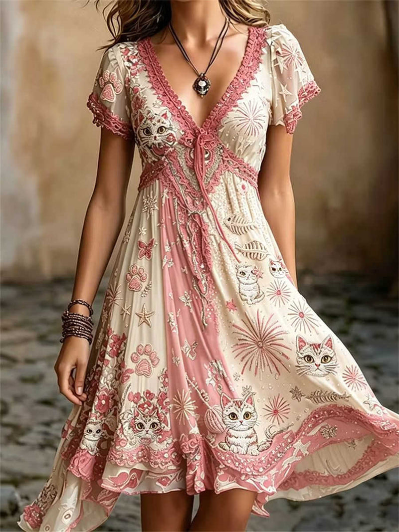 Women's Pink Beige Embroidered Cat Lace Trim V Neck Short Sleeve Mini Dress