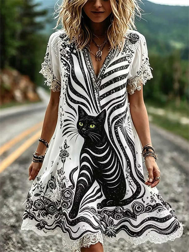 Women's White Black Cat Print Lace Trim V Neck Short Sleeve Mini Dress