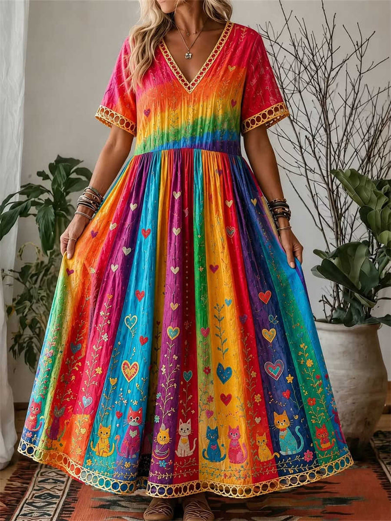 Women's Rainbow Embroidered Cat Heart Cutwork Trim V Neck Short Sleeve Maxi Dress
