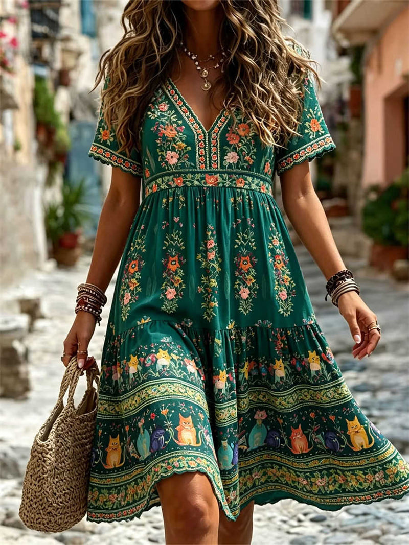 Women's Green Embroidered Cat Floral V Neck Short Sleeve Mini Dress