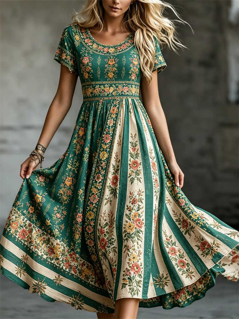Women's Green Floral Print Round Neck Short Sleeve Midi Dress