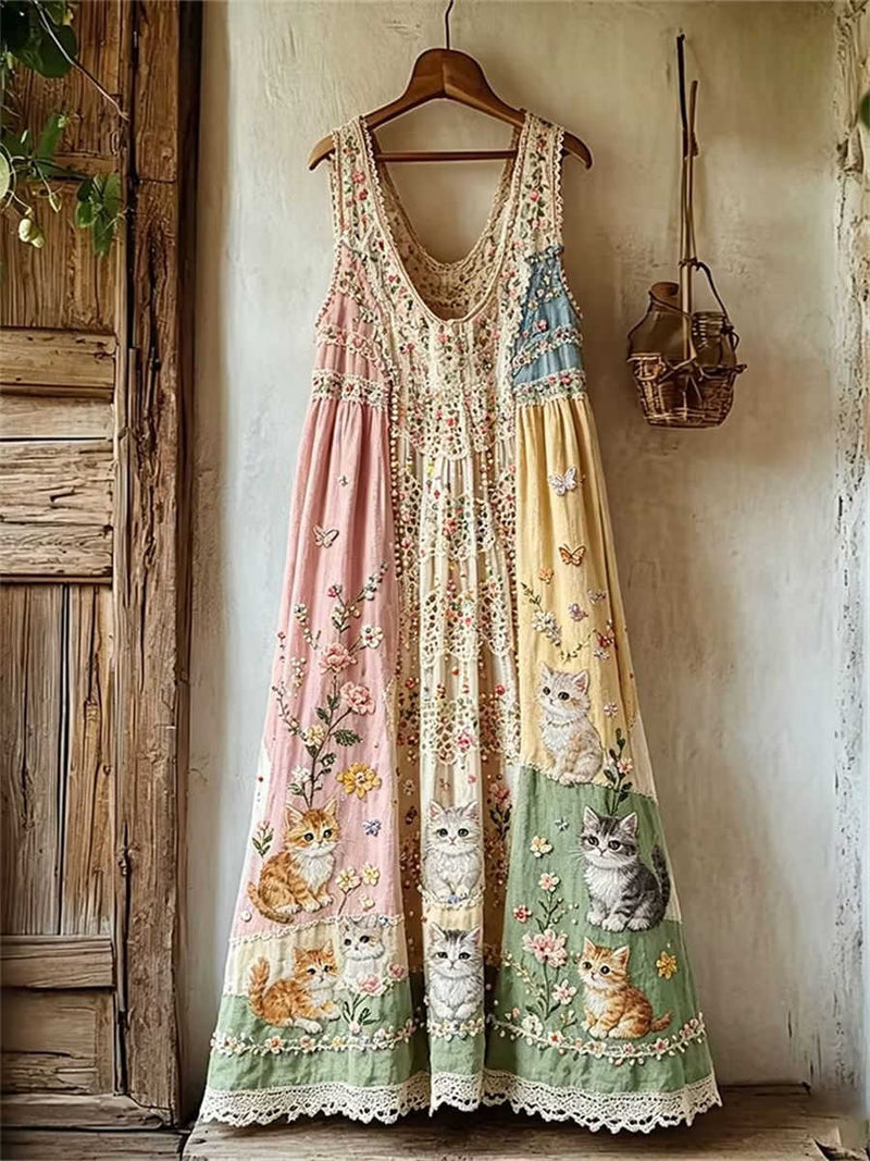 Women's Multi Patchwork Embroidered Cat Floral Lace Trim V Neck Sleeveless Maxi Dress