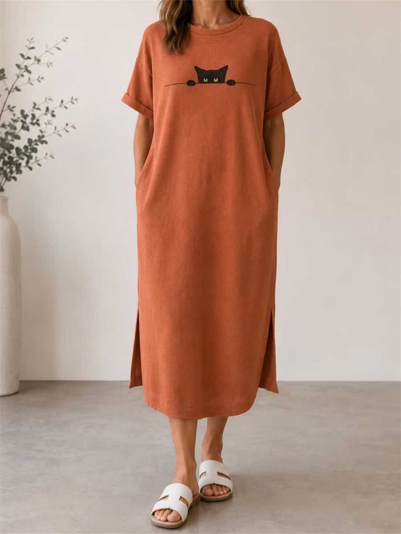 Women's Terracotta Cat Print Round Neck Short Sleeve Midi Dress
