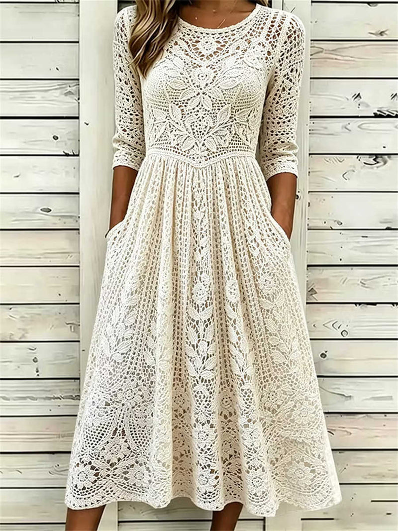 Women's Ivory Hollow Crochet Lace Round Neck 3/4 Sleeve Midi Dress