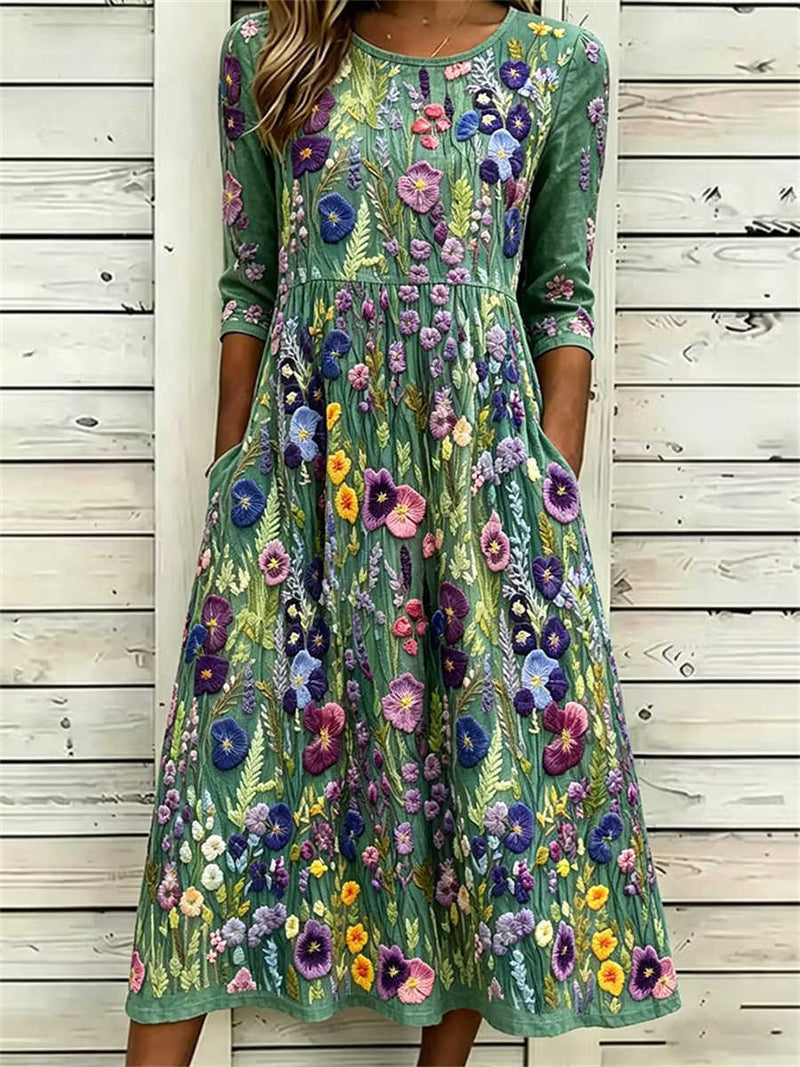 Women's Green Multi Floral Embroidered Round Neck 3/4 Sleeve Midi Dress
