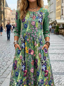 Women's Green Multi Floral Embroidered Round Neck 3/4 Sleeve Midi Dress