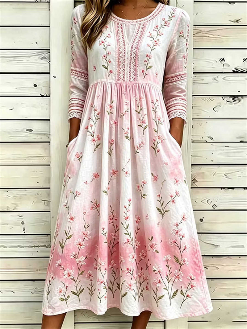 Women's Pink Gradient Floral Embroidered Lace Round Neck 3/4 Sleeve Midi Dress
